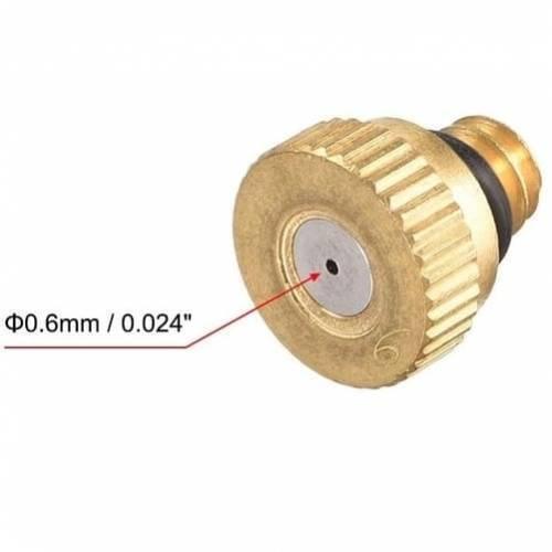 0.6mm Orifice Dia 9mm Long Brass Mist Nozzle - shown as a close-up of the gold-colored metal nozzle with a 0.6mm orifice indicated by a red arrow.