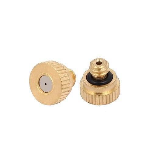 0.6mm Orifice Dia 9mm Long Brass Mist Nozzle - shown as two separate pieces of brass hardware with a small central orifice and a black rubber O-ring.