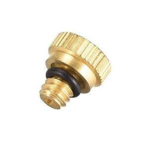 0.6mm Orifice Dia 9mm Long Brass Mist Nozzle - a close-up shot of a small, gold-colored threaded brass nozzle featuring a black rubber O-ring.