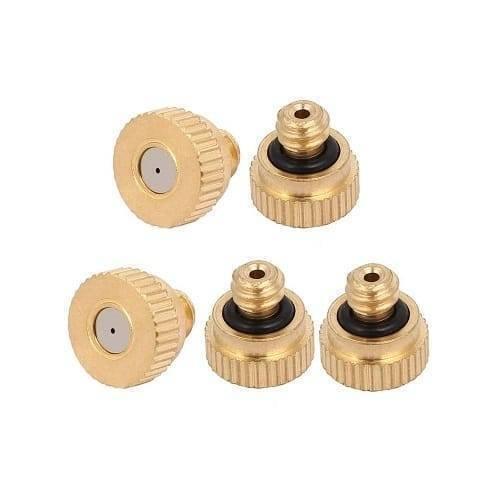 0.6mm Orifice Dia 9mm Long Brass Mist Nozzle - a top-down view of five gold-colored brass misting nozzles with black rubber O-rings.