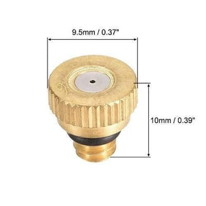 0.6mm Orifice Dia 9mm Long Brass Mist Nozzle - shown as a close-up product image with overlaid dimension lines indicating a 9.5mm width and 10mm height.