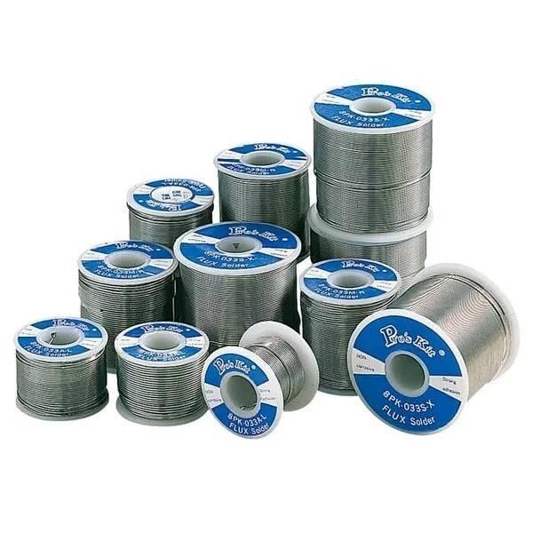 0.6mm Proskit 8pk-033A-L 250 Gram Solder Wire - a collection of multiple silver-colored metal solder wire spools of varying sizes with blue and white labels.