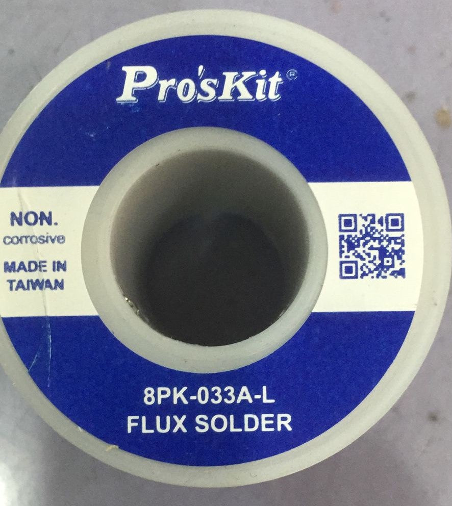 0.6mm Proskit 8pk-033A-L 250 Gram Solder Wire - a close-up of the round white plastic spool with blue label featuring the brand name, QR code, and origin text.
