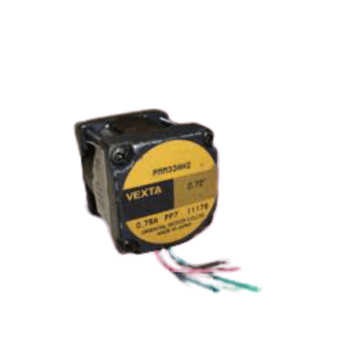 0.75A 5-phase Vexta Oriental Stepper Motor PMM33AH2 - a black square-bodied motor with a yellow circular label showing specs and a bundle of colored wires extending out.