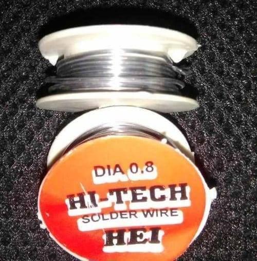 0.8mm 2.5ft Soldering Wire - shown as a close-up of a white plastic spool with an orange label reading "HI-TECH SOLDER WIRE" and "DIA 0.8".