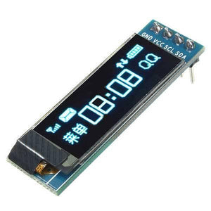 0.91 Inch 128×32 OLED LCD Display Module IC I2c DC 3.3V 5V For Arduino Pic - a blue rectangular circuit board with a screen displaying "08:08" and four pin connectors labeled GND, VCC, SCL, SDA.