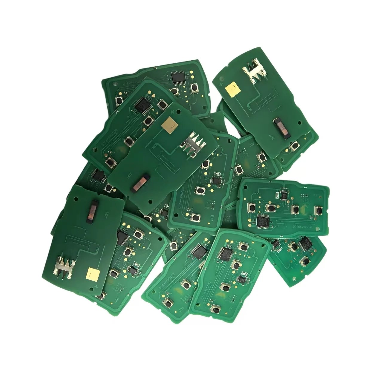 00206VER 2.0 Smart Key Remote PCB Circuit Board – 4 Button Replacement Module - a pile of green, multi-button electronic circuit boards with small black integrated chips.