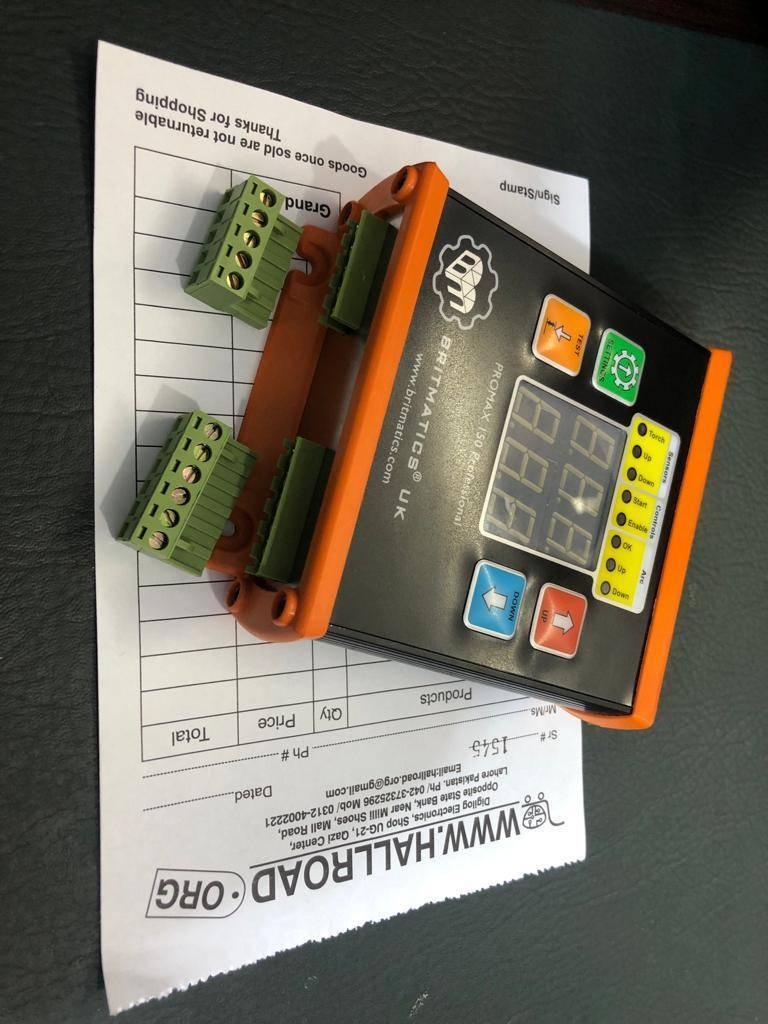 03334855597 Promax 150 Thc Universal Torch Height Controller For Plasma Cutter Better Then Proma - an orange and black device with a digital display, buttons, indicator lights, and two detachable green terminal blocks.