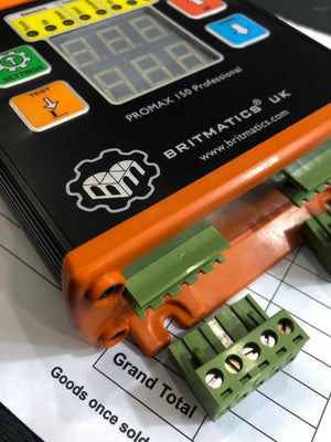 03334855597 Promax 150 Thc Universal Torch Height Controller For Plasma Cutter Better Then Proma - with an orange and black housing, digital display, control buttons, and a detached green terminal block.