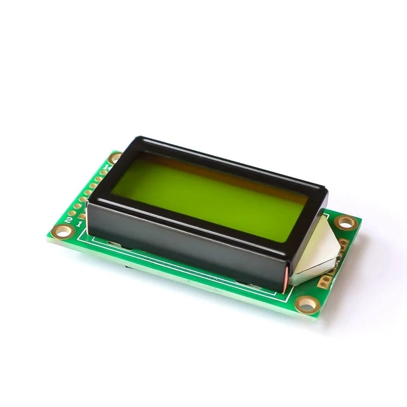 0802 LCD Module 8 x 2 Character Display 3.3V / 5V LED LCD Backlight For Arduino DIY Kit - shown as a green rectangular circuit board with a black-framed display screen and a row of pin headers.