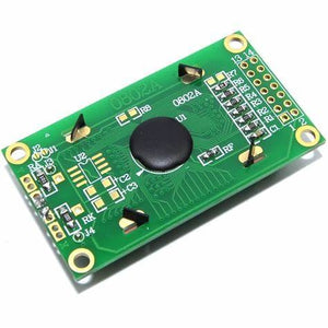 0802 LCD Module 8 x 2 Character Display 3.3V / 5V LED LCD Backlight For Arduino DIY Kit - a green rectangular circuit board with a black circular chip in the center and a 14-pin header connector on the right edge.
