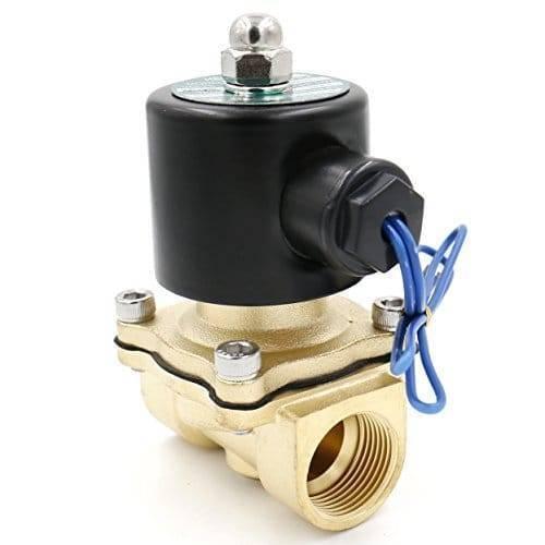 1/2 Inch 12VDC Electric Solenoid Valve Coil For Water Air Gas - a brass valve body with a black cylindrical coil, threaded ports, and blue electrical wires.