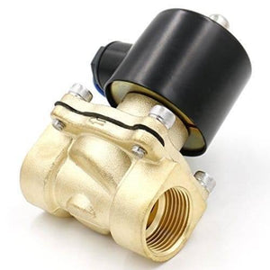 1/2 Inch 12VDC Electric Solenoid Valve Coil For Water Air Gas - a brass valve body with a black cylindrical coil and threaded inlet and outlet ports.