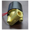 1/2 Inch 24V DC Solenoid Valve Coil - a brass valve body with a threaded port, a black cylindrical coil, and two red electrical wires.