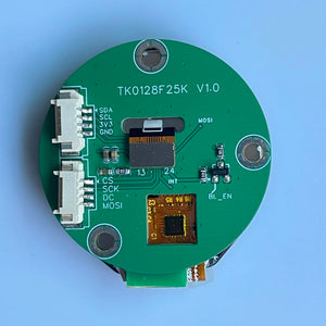 1.28 Inch IPS Round LCD Display Module With Capacitive Touch 2 Dupont Cables — ESP32 - the green circular PCB back with two white connectors, a central ribbon cable, and labeled pin headers.
