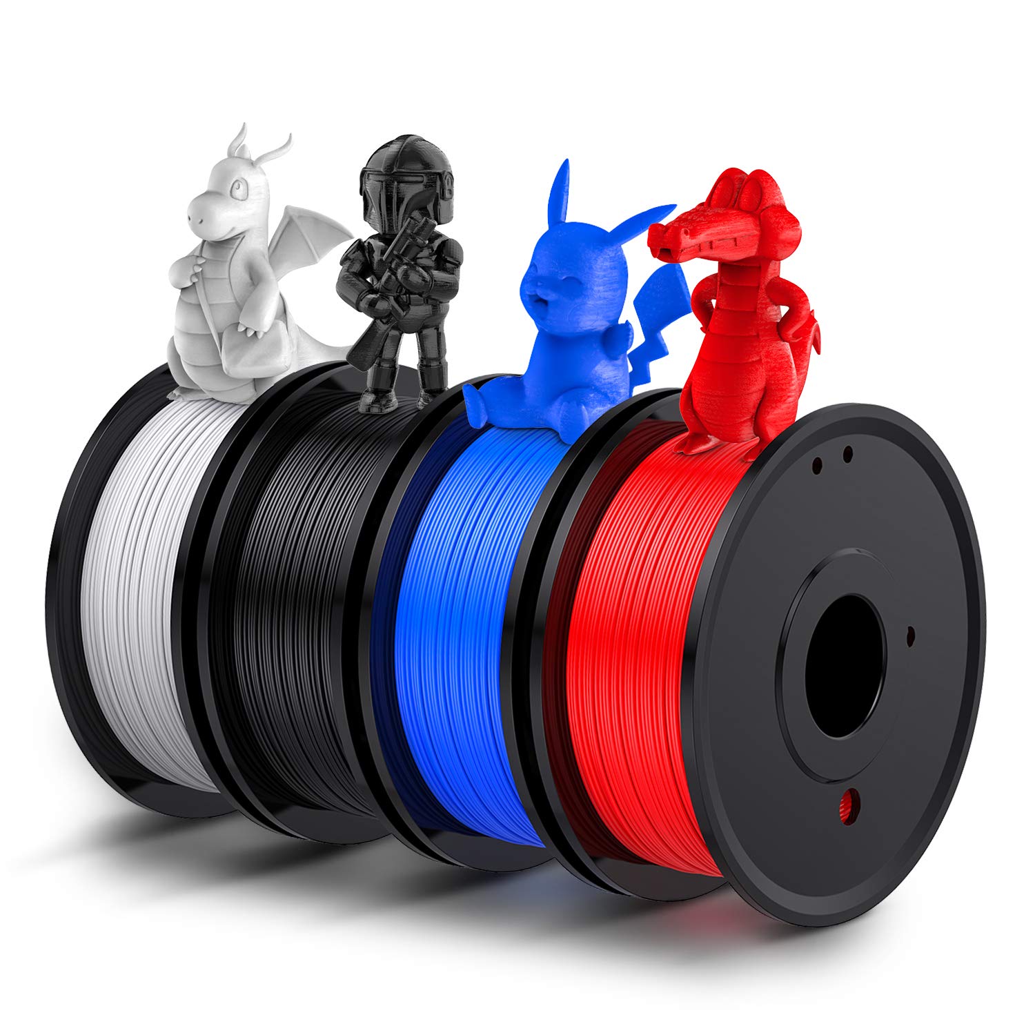 1/2kg 500 Gram 1.75mm ABS 3d Printer Filament Spool Filament - four spools of white, black, blue, and red filament, each topped with a 3D-printed character.