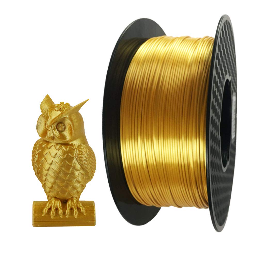 1/2kg 500 Gram 1.75mm ABS 3d Printer Filament Spool Filament - shown as a gold-colored spool of filament next to a small 3D-printed gold owl figurine.