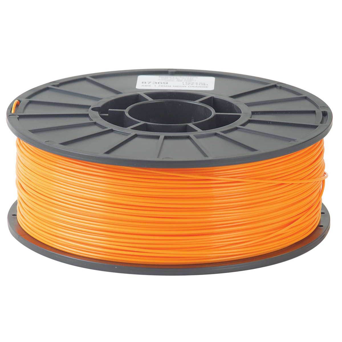 1/2kg 500 Gram 1.75mm ABS 3d Printer Filament Spool Filament - a round black plastic spool wound with bright orange 3D printing filament.