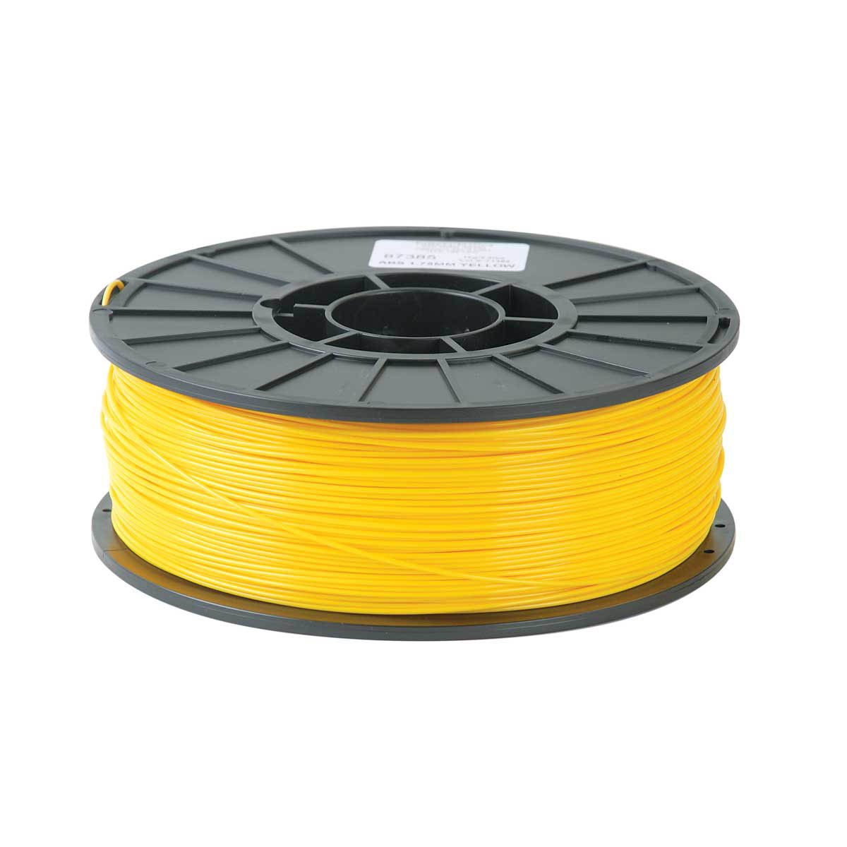 1/2kg 500 Gram 1.75mm ABS 3d Printer Filament Spool Filament - a round black plastic spool wound with a continuous coil of bright yellow 3D printer filament.