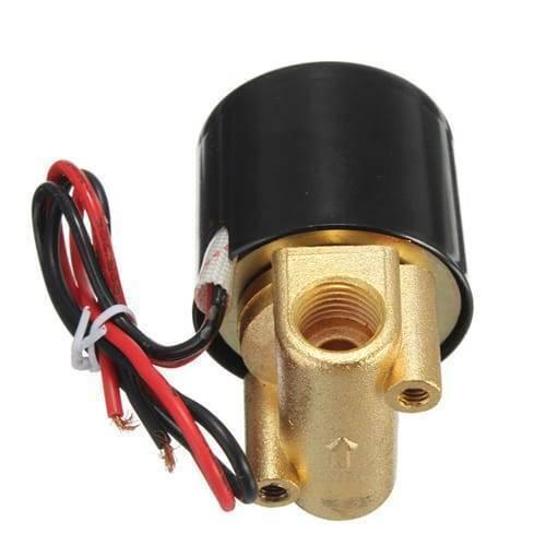 1/4 Inch 12V DC 24V DC Solenoid Valve For Water Air Gas - a brass valve body with a black cylindrical solenoid and two red and black wire leads.