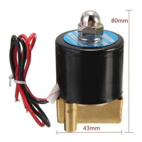 1/4 Inch 12V DC 24V DC Solenoid Valve For Water Air Gas - a brass-bodied valve with a black cylindrical solenoid coil, red and black wires, and dimension labels.
