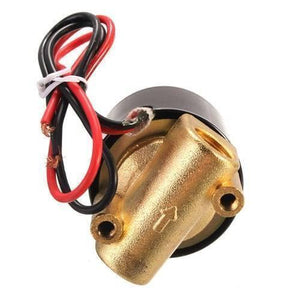 1/4 Inch 12V DC 24V DC Solenoid Valve For Water Air Gas - a brass-bodied valve with a black cylindrical top, two threaded ports, and two red and black electrical wires.