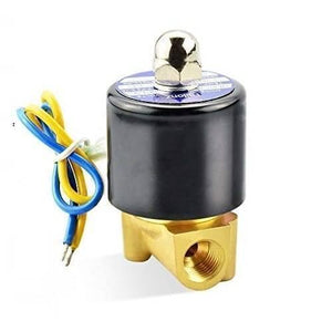 1/4 Inch 220V AC Brass Solenoid Valve For Water Oil Gas - a black cylindrical coil on a brass valve body with two threaded ports and blue and yellow wire leads.