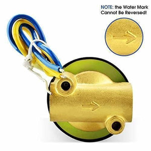 1/4 Inch 220V AC Brass Solenoid Valve For Water Oil Gas - the brass body with a flow direction arrow and an attached blue and yellow wire harness.
