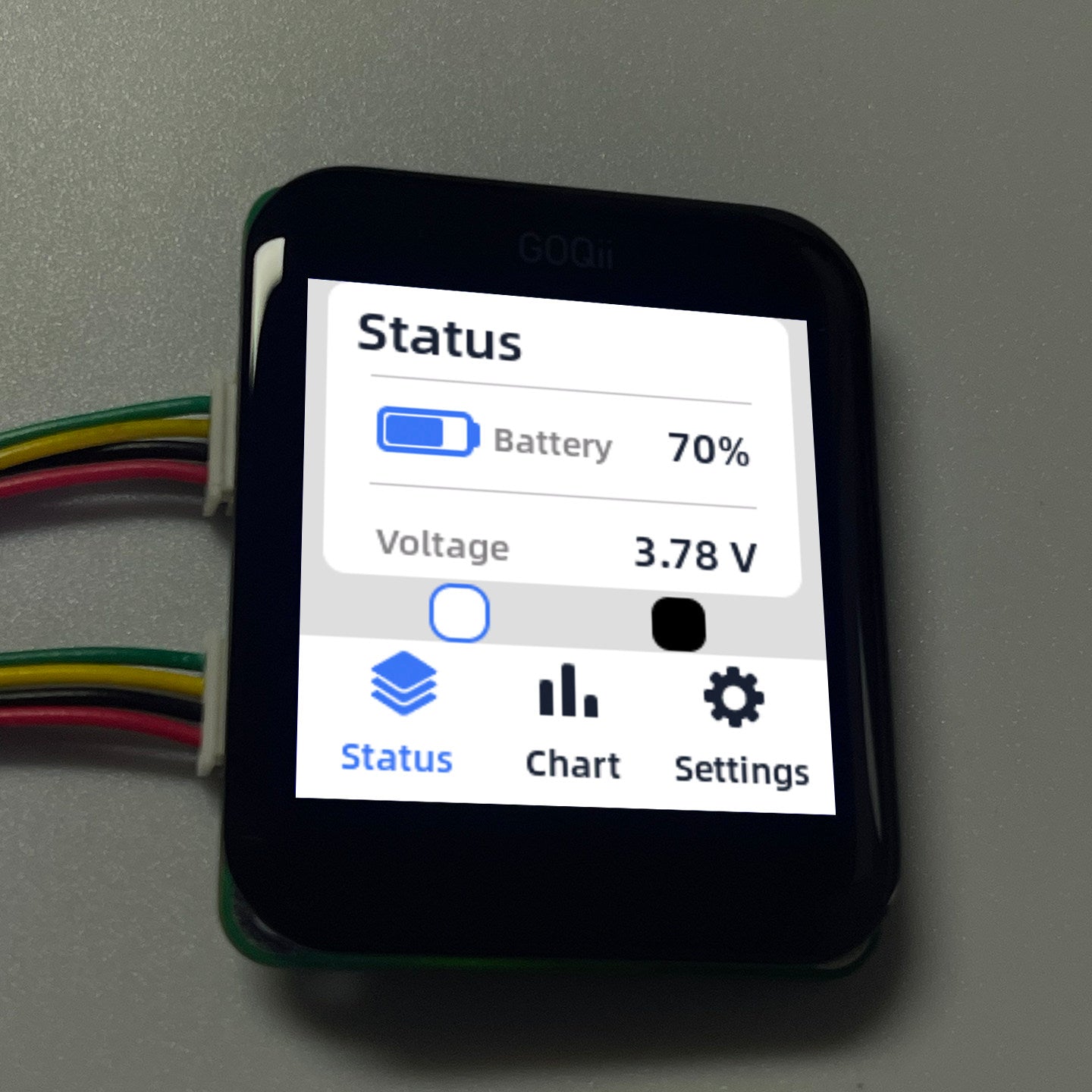 1.4-inch IPS Full-view LCD Screen ESP32 IOT Smartwatch 240x240 Square Capacitive Touchscreen - a status screen with 70% battery and 3.78 V, connected to two sets of colored wires.