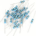 1/4 Watt, Quarter Watt ,0.25W 1% Metal Film Resistor - a pile of small, light blue cylindrical electronic components with metal wire leads and multi-colored bands.