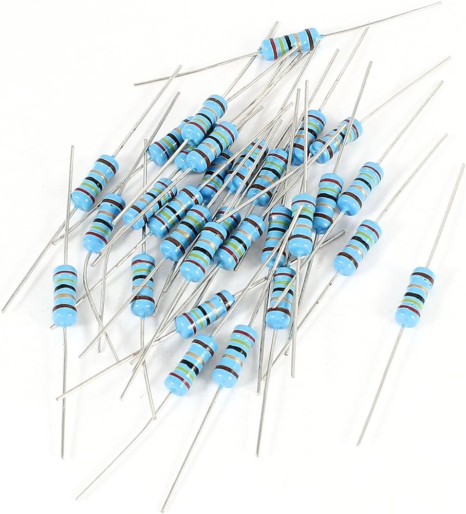 1/4 Watt, Quarter Watt ,0.25W 1% Metal Film Resistor - a pile of small, light blue cylindrical electronic components with metal wire leads and multi-colored bands.