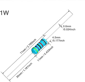 1/4 Watt, Quarter Watt ,0.25W 1% Metal Film Resistor - a blue axial-lead component shown in a technical diagram with various length and diameter measurements in millimeters and inches.