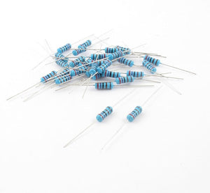 1/4 Watt, Quarter Watt ,0.25W 1% Metal Film Resistor - a pile of small blue cylindrical electronic components with wire leads and multi-colored bands on a white background.