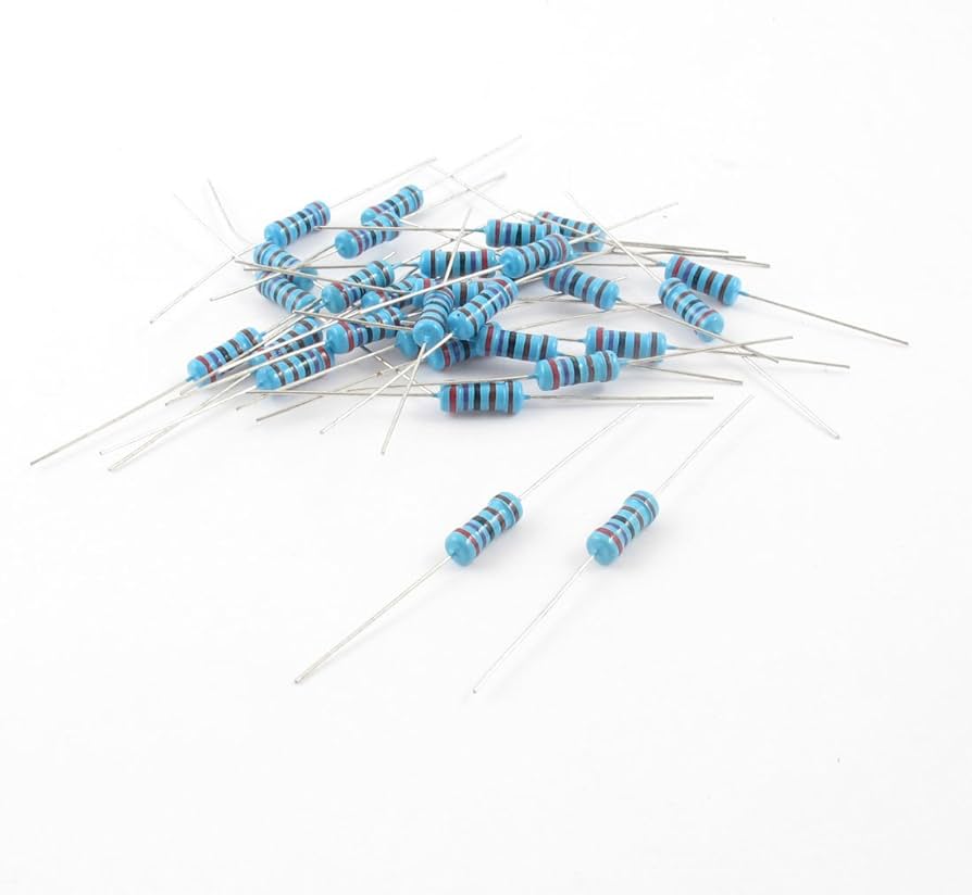 1/4 Watt, Quarter Watt ,0.25W 1% Metal Film Resistor - a pile of small blue cylindrical electronic components with wire leads and multi-colored bands on a white background.
