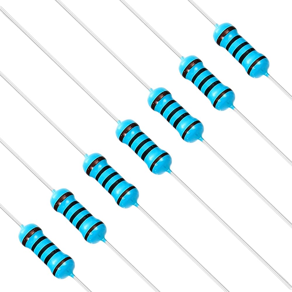1/4 Watt, Quarter Watt ,0.25W 1% Metal Film Resistor - a group of blue cylindrical electronic resistors with axial leads and black color-coded bands arranged diagonally.
