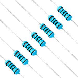 1/4 Watt, Quarter Watt ,0.25W 1% Metal Film Resistor - a group of blue cylindrical electronic resistors with axial leads and black color-coded bands arranged diagonally.