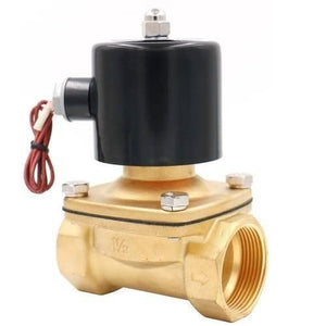 1.5 Inch 220V AC Brass Electric Solenoid Valve For Water Air Gas Fuels - body with a black cylindrical coil and two red wire leads.