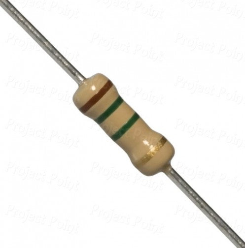 1.5m Ohm 1000 Pcs Of 1/4 Watt, Quarter Watt ,0.25W 5% Resistor - a close-up of a single beige through-hole resistor with brown, green, green, and gold color-coded bands on metal leads.