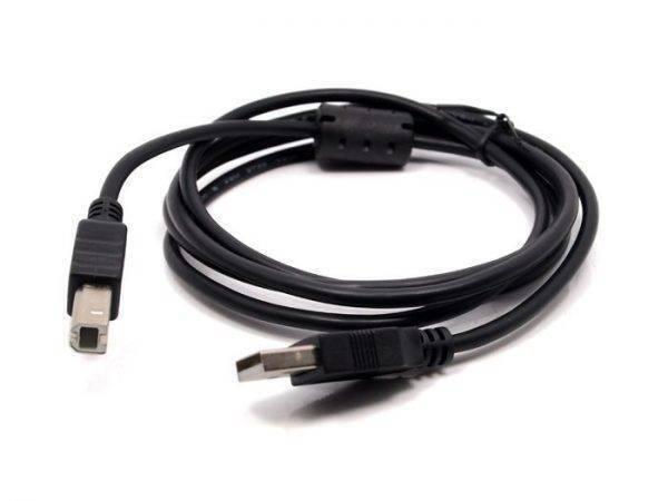 1.5m USB 2.0 Type a To Type b Arduino USB Cable - a black coiled cable with a rectangular USB-A connector, a square USB-B connector, and a ferrite bead.
