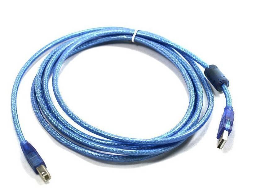 1.5m USB 2.0 Type a To Type b Arduino USB Cable - shown as a coiled blue braided cable with a ferrite bead and two blue plastic connectors.