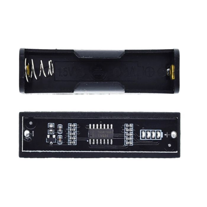 1.5V Battery Tester For AA AAA High Precision Capacity Battery Detector With 4 Indicator Lights - a black battery holder with a spring contact and a circuit board featuring an LM324 chip and four battery-level indicators.