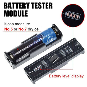 1.5V Battery Tester For AA AAA High Precision Capacity Battery Detector With 4 Indicator Lights - a black plastic module with a battery holder, a AA battery inserted, and a four-segment LED battery level display.