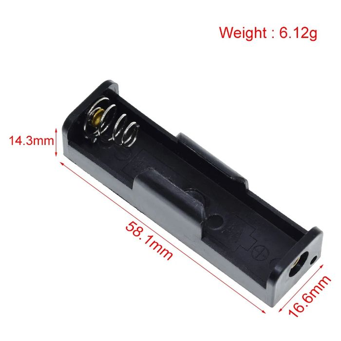 1.5V Battery Tester For AA AAA High Precision Capacity Battery Detector With 4 Indicator Lights - a black plastic single-cell battery holder with spring contacts, shown with dimensions in millimeters and weight text.