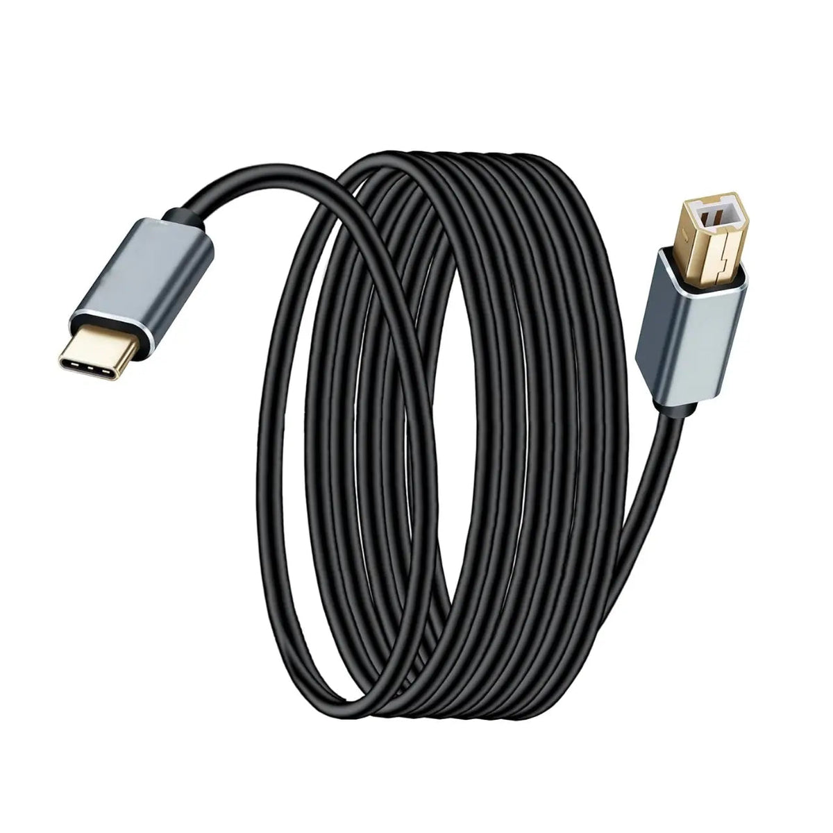 1.8m Type-C to USB-B Printer Cable - full coiled cable with the Type-C connector on the left and USB-B connector on the right
