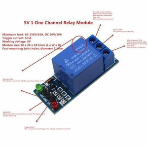 1 Channel Relay Module For Arduino - shown as a blue electronic board with a relay, three screw terminals, three pins, and two LEDs with overlaid text.