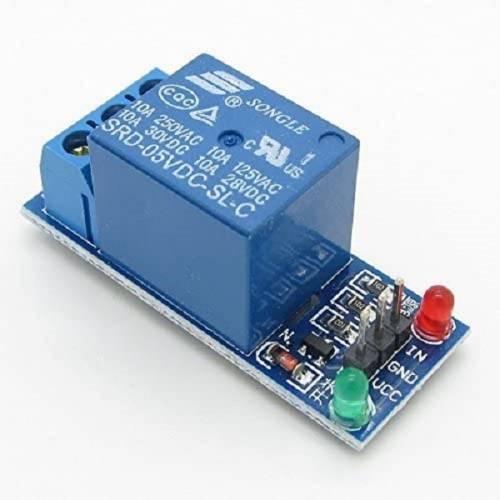 1 Channel Relay Module For Arduino - a blue relay on a circuit board with screw terminals, three pins, and two indicator LEDs.
