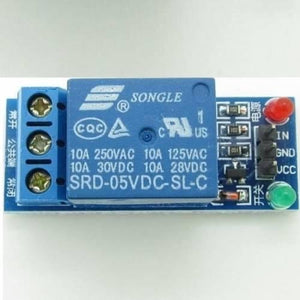 1 Channel Relay Module For Arduino - a blue circuit board featuring a Songle SRD-05VDC-SL-C relay, a three-pin terminal block, and two LED indicators.