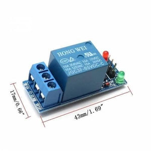 1 Channel Relay Module For Arduino - a blue relay on a circuit board with a three-pin terminal block, two LEDs, and dimension labels.