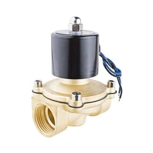 1 Inch 24V DC Electric Solenoid Valve Coil For Water Air Gas Fuels - a brass valve body with a black cylindrical coil, four top screws, and two blue and black electrical wires.