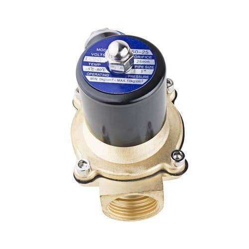 1 Inch 24V DC Electric Solenoid Valve Coil For Water Air Gas Fuels - a brass-bodied valve with a black cylindrical coil top featuring a blue label with technical specifications.